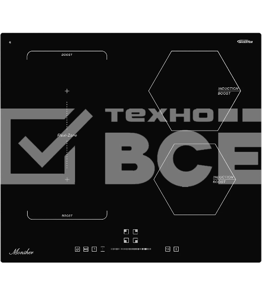 Варочная поверхность MONSHER MHI 6016, индукция, инвертер, 60 см, 9 уровней мощности, бустер, Stop and Go, автоматическое отключение, таймер, индикатор остаточного тепла, сенсорное/слайдерное управление, цвет черный