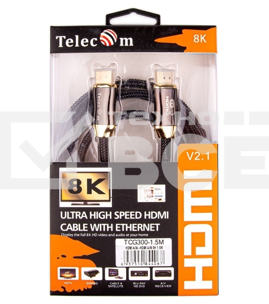 Кабель HDMI 19M/M,ver. 2.1, 8K@60 Hz 1.5m метал разъемы, нейлоновая оплетка Telecom <TCG300-1.5M> Кабель HDMI 19M/M,ver. 2.1, 8K@60 Hz 1.5m метал разъемы, нейлоновая оплетка Telecom