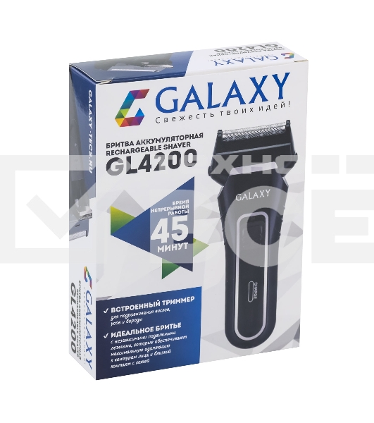 Электробритва Galaxy Line GL 4200, черный, аккумуляторная, сетки из ультратонкой японской стали, два независимых подвижных лезвия, плавающая головка, возможность промывки блока ножей и сеток, встроенный триммер для подравнивания висков, индикатор заряда, реверсная работа ножей, время непрерывной работы 45мин, дополнительный режущий блок и сетка в комплекте, щетка для чистки
