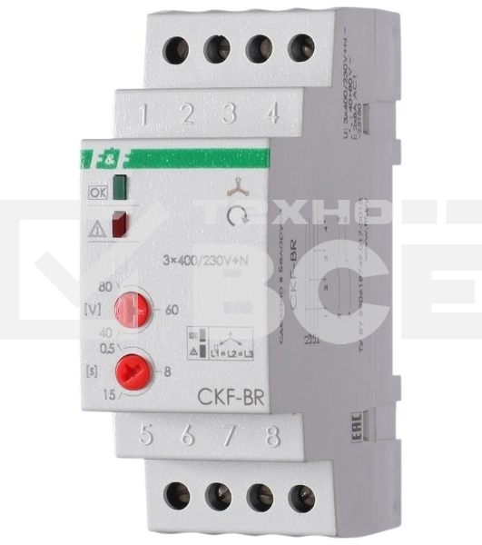 Реле контроля наличия и чередования фаз CKF-BR (монтаж на DIN-рейке 35мм; регулировка порога отключения; регулировка времени отключения; 3х400/230+N 2х8А 1Z 1R IP20) F&F EA04.002.003
