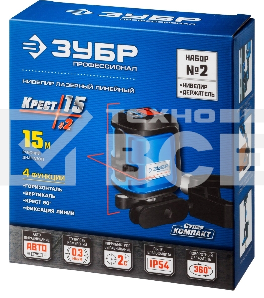 Нивелир лазерный Зубр КРЕСТ-15 (34902-2_z01) суперкомпакт, 15м, точн. +/-0,3 мм/м, держатель