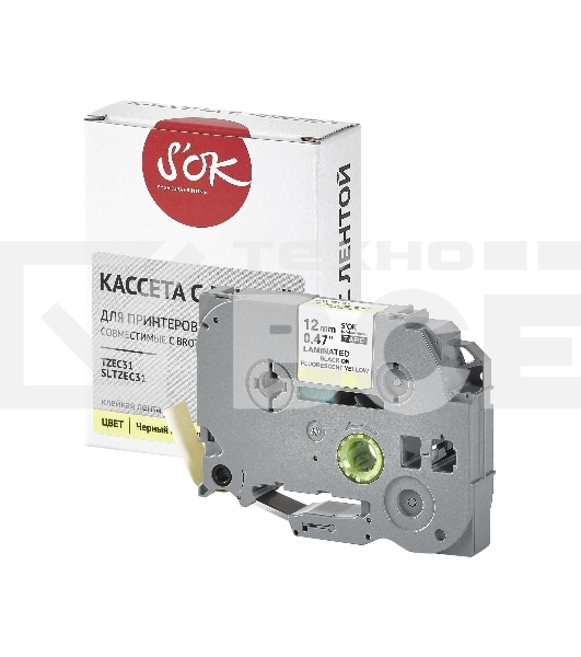 Кассета с лентой S'OK by Sakura Printing TZEC31 для Brother, черный на желтом, 12мм/8м, наклейка