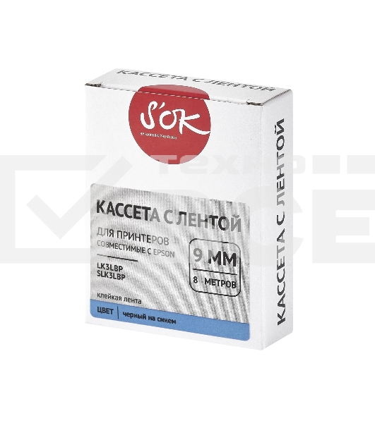Кассета с лентой S'OK by Sakura Printing K3LBP для Epson, черный на синем, 9мм/8м