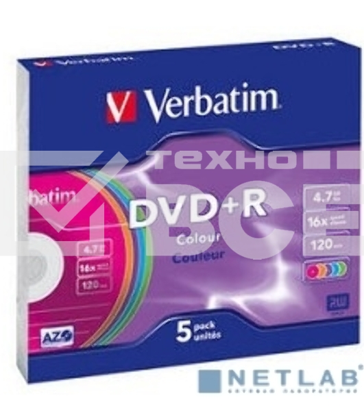 Диск DVD+R Verbatim 4.7Gb 16x Slim case (5шт) Color (43556)