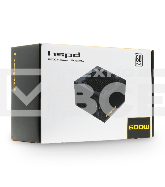 Блок питания HSPD, 600W 80 PLUS  White (ATX, 2.52, Non-modular, 1x24(20+4)pin 500mm, 1xCPU 8(4+4)pin 550mm, 1xPCIe*2 8(6+2)pin 500+150mm, 2xSATA*3 400+150+150mm, 1xMOLEX4pin*3 400+150+150mm , Active, 120x120mm, 150x140x86mm, APFC, OVP, UVP, SCP, OPP, NLO,