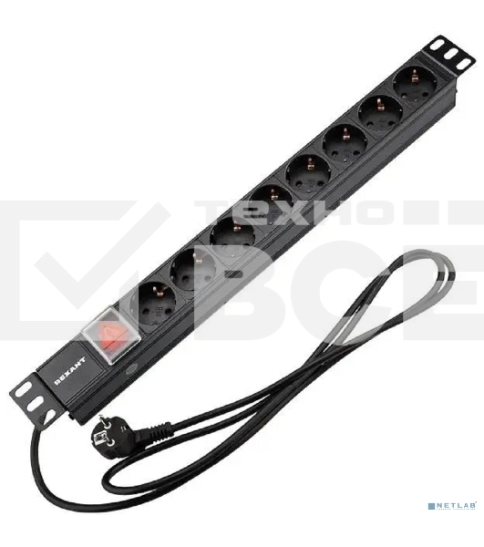 Блок распределения питания Rexant для 19' шкафов, горизонтальный, 8 розеток СЕЕ 7/4, 16A, выкл, алюм корп, шнур 2м, вилка СЕЕ 7/7