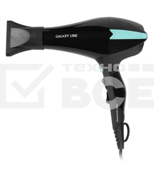 Фен для волос профессиональный Galaxy Line GL 4339, черный с бирюзовым, 2200 Вт, 2 скорости потока воздуха, 3 температурных режима, функция «холодный воздух», АС-мотор, защита мотора от перегрева, насадка-концентратор для ускоренной сушки, насадка-концент