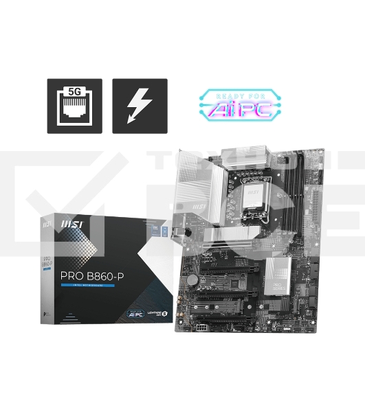 Материнская плата MSI PRO B860-P, LGA 1851, Intel B860, 4xDDR5, 4xSATA, 3xM.2, 1xPCIe 5.0 x16, 1xPCIe 4.0 x4, 2xPCIe 4.0 x1, 1xHDMI, 1xDP, 1xUSB-C, 1x 5Gb LAN, 2xUSB-A 3.2 Gen 2, 2xUSB-A 3.2 Gen 1, 4xUSB-A 2.0, 3x3.5 мм, 7.1, ATX