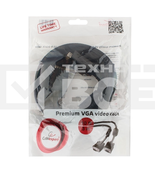 Кабель VGA Premium Cablexpert CC-PPVGA-10-B, 15M/15M, 3.0м, черный, тройной экран, феррит.кольца, пакет