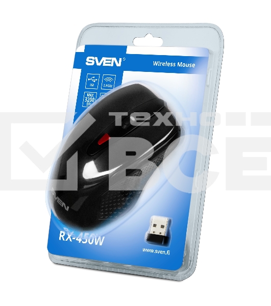 Мышь беспроводная SVEN RX-450W черный, 3200 dpi, радиоканал, USB, кнопки - 6