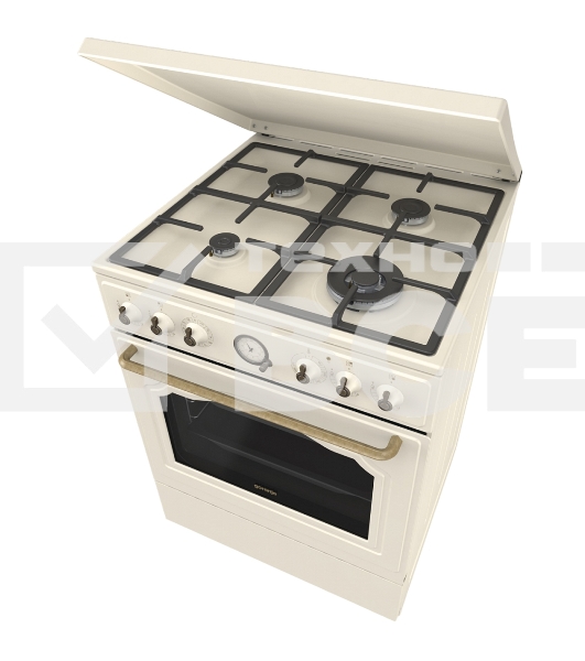 Газовая плита Gorenje GKS6C71CLI, электрическая духовка, металлическая крышка, чугун, слоновая кость