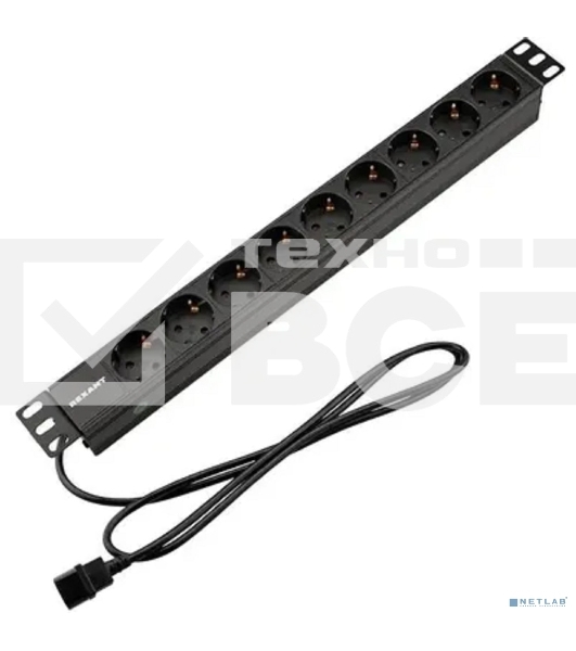 Блок распределения питания Rexant для 19' шкафов, горизонтальный, 9 розеток СЕЕ 7/4, 10A, без выкл, алюм корп, шнур 2м, вилка C14