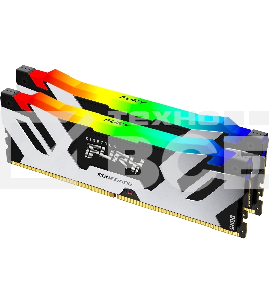 Оперативная память Kingston Fury Renegade, DDR5, 32GB (2x16GB), 6400MHz, CL32, с радиатором, RGB, серебристый/черный