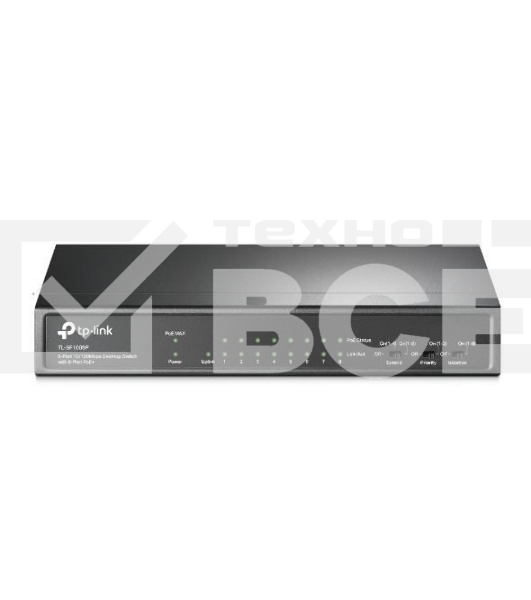 Коммутатор 9-port 10/100Mbps unmanaged switch with 8 PoE+ ports, compliant with 802.3af/at PoE, 65W PoE budget, support 250m Extend Mode, Priority mode and Isolation mode, desktop mount, plug and play.