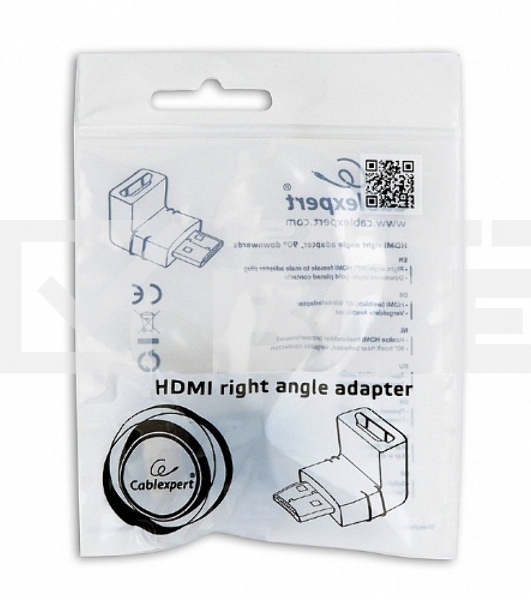 Переходник Cablexpert HDMI-HDMI 19F/19M, угловойсоединитель 90 градусов, золотые разъемы (A-HDMI90-FML)