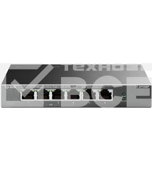 Коммутатор TP-Link 4-port 10/100Mbps Unmanaged PoE+ Switch with 2 10/100Mbps uplink ports, meta case, desktop mount, 4 802.3af/at compliant PoE+ port, 2 10/100Mbps uplink ports, DIP switches for Extend mode, Isolation mode and Priority mode, up to 250m Po