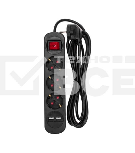 Удлинитель STANDARD 3 гнезда, 3м, 3х1,0мм², с/з, с выключателем, 2 USB, черный Rexant