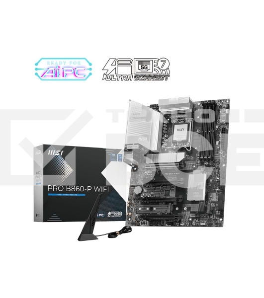 Материнская плата MSI PRO B860-P WIFI, LGA 1851, Intel B860, 4xDDR5, 4xSATA, 3xM.2, 1xPCIe 5.0 x16, 1xPCIe 4.0 x4, 2xPCIe 4.0 x1, 1xHDMI, 1xDP, 1xUSB-C, 1x 5Gb LAN, 2xUSB-A 3.2 Gen 2, 2xUSB-A 3.2 Gen 1, 4xUSB-A 2.0, 3x3.5 мм, 7.1, Wi-Fi 7, ATX