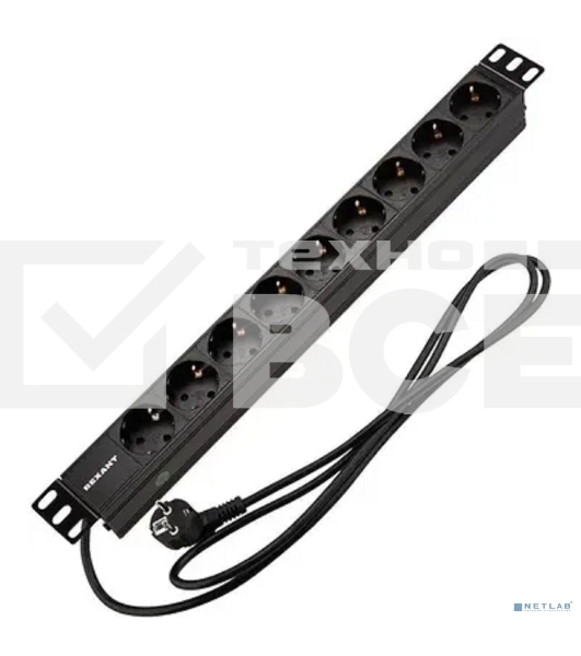 Блок распределения питания Rexant для 19' шкафов, горизонтальный, 9 розеток СЕЕ 7/4, 16A, без выкл, алюм корп, шнур 2м, вилка СЕЕ 7/7