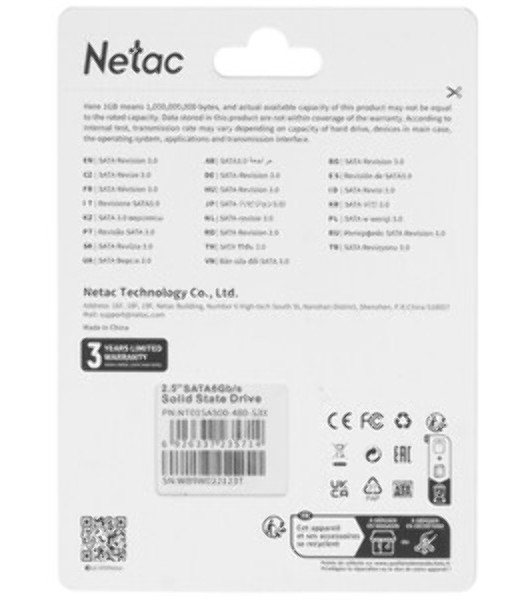 Накопитель SSD Netac SA500, 480Gb, SATA III, 2.5', R/W 520/450
