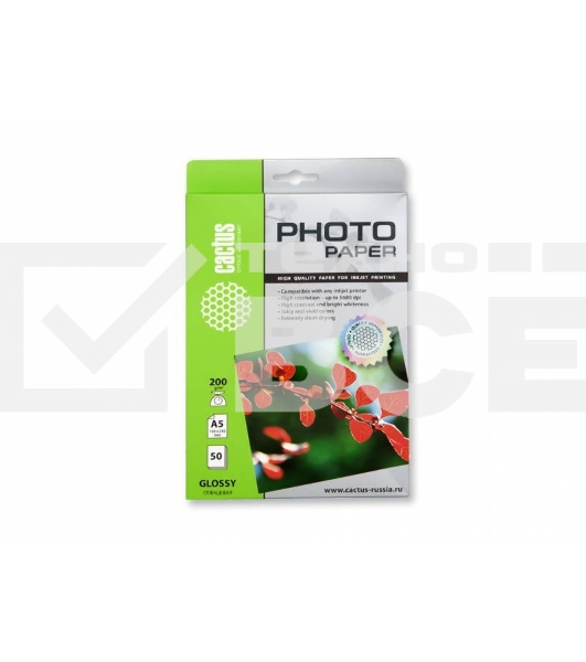 Фотобумага Cactus CS-GA520050 A5/200г/м2/50л. глянцевая для струйной печати