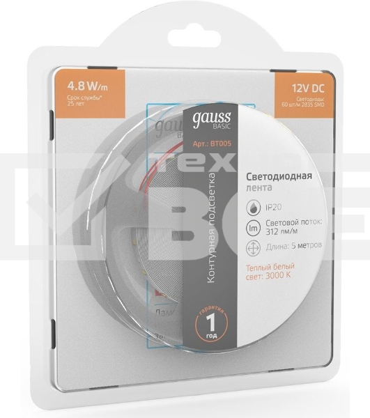 Лента Basic 12V 4,8W/m 312lm/m 3000K IP20 LED 5m 1/100