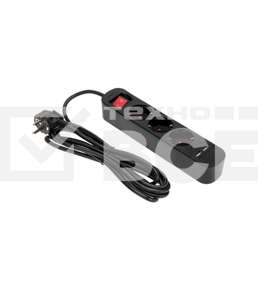 Удлинитель STANDARD 3 гнезда, 3м, 3х1,0мм², с/з, с выключателем, 2 USB, черный Rexant
