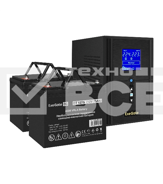 Комплект Источник бесперебойного питания EX295988RUS + батарея 75Aч EX282983RUS 2шт (инвертор, синус, для котла) ExeGate SineTower SZ-1500.LCD.AVR.2SH.1C13.USB <1500VA/1200W, чистый синусоида, LCD дисплей, AVR, 2*Schuko+1*C13, USB, линейно-интерактивный, 