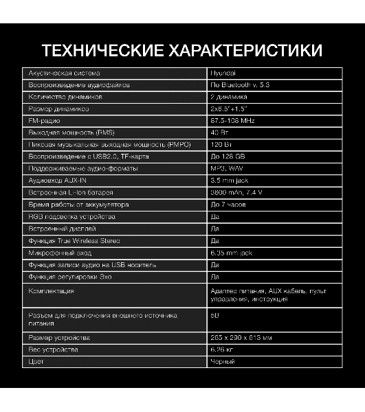Колонка портативная Hyundai H-PS1027 черный 80W 2.0 BT 10м 3600mAh