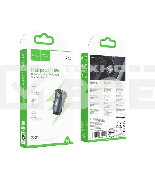 Автомобильное зарядное устройство Hoco, 18Вт, USB, Z62, металлический серый, коробка