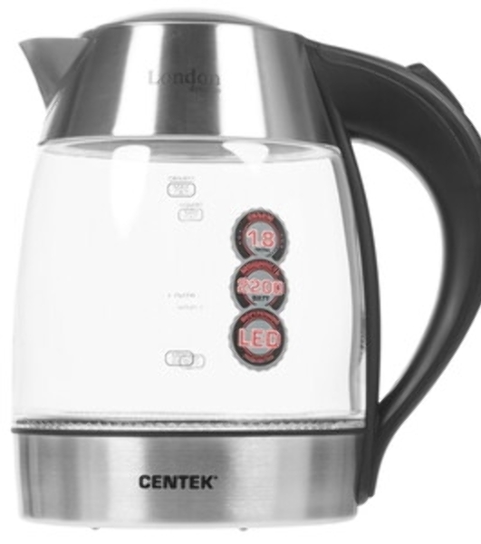 Чайник электрический Centek CT-0059 London, стекло, 1.8л, 2200Вт, LED-подсветка, отделка нерж.