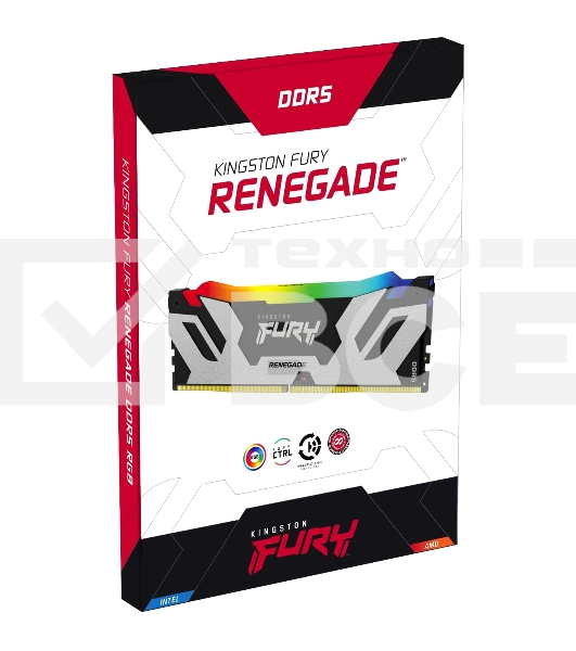 Оперативная память Kingston Fury Renegade, DDR5, 32GB (2x16GB), 6400MHz, CL32, с радиатором, RGB, серебристый/черный