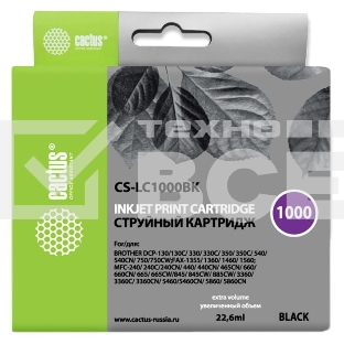 Картридж струйный Cactus CS-LC1000BK черный (22,6 мл) для Brother DCP 130C/ 330С, MFC-240C/ 5460CN