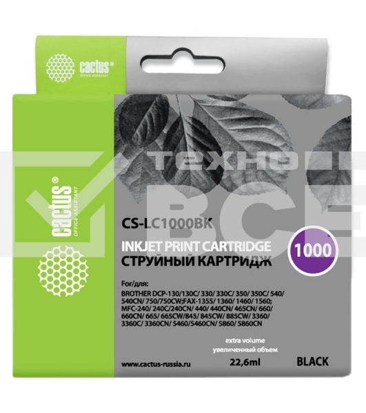 Картридж струйный Cactus CS-LC1000BK черный (22,6 мл) для Brother DCP 130C/ 330С, MFC-240C/ 5460CN