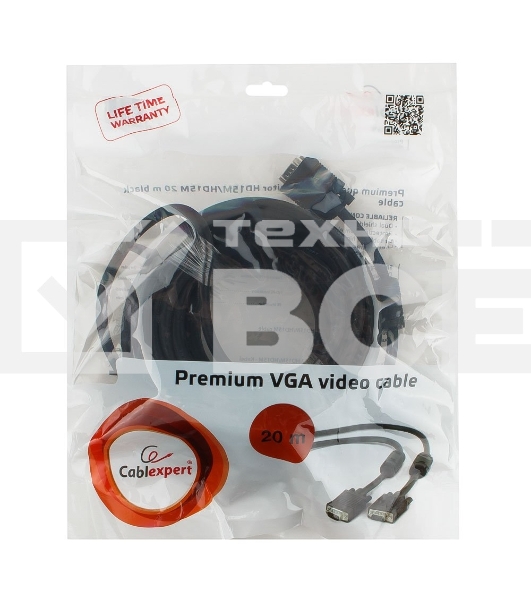Кабель Gembird/Cablexpert CC-PPVGA-20M-B, Кабель VGA Premium , 15M/15M, 20м, черный, тройной экран,феррит.кольца