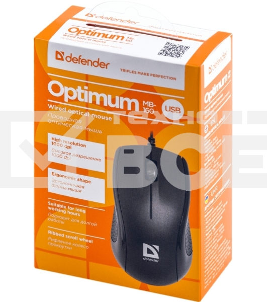 Мышь проводная Defender Optimum MB-160 черный, 1000 dpi, USB, кнопки - 3