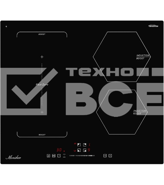 Варочная поверхность MONSHER MHI 6016, индукция, инвертер, 60 см, 9 уровней мощности, бустер, Stop and Go, автоматическое отключение, таймер, индикатор остаточного тепла, сенсорное/слайдерное управление, цвет черный