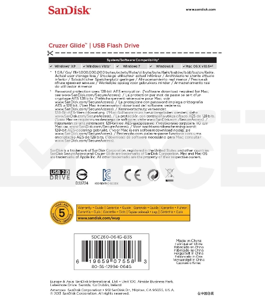Флеш диск Sandisk 64Gb Cruzer Glide SDCZ60-064G-B35 USB2.0 черный/красный