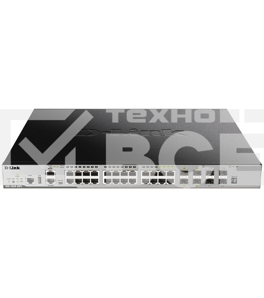 Коммутатор Managed L3 Stackable Switch 20x1000Base-T PoE, 4x10GBase-X SFP+, 4xCombo 1000Base-T PoE/SFP, PoE Budget 370W (740W with DPS-700), Surge 6KV, CLI, 1000Base-T Management, RJ45 Console, mini-USB Console, USB, RPS, Alarm RJ-45, Dying Gasp, Standard