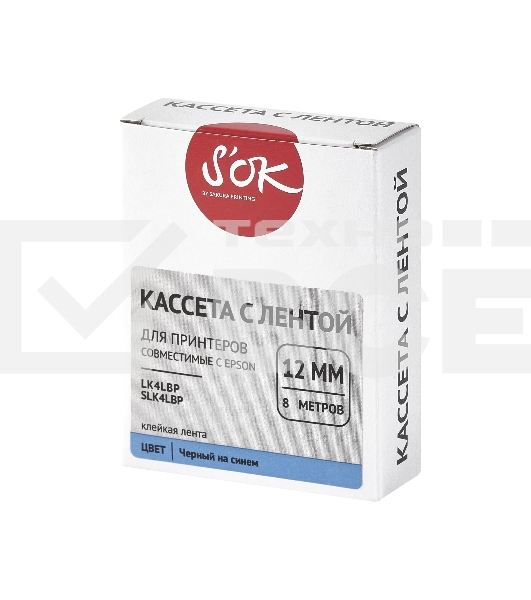 Кассета с лентой S'OK by Sakura Printing K4LBP для Epson, черный на синем, 12мм/8м