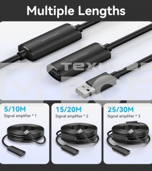 Активный кабель-удлинитель Vention USB 2.0 AM/AF с усилителем - 15м Черный