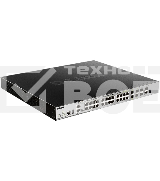 Коммутатор Managed L3 Stackable Switch 20x1000Base-T PoE, 4x10GBase-X SFP+, 4xCombo 1000Base-T PoE/SFP, PoE Budget 370W (740W with DPS-700), Surge 6KV, CLI, 1000Base-T Management, RJ45 Console, mini-USB Console, USB, RPS, Alarm RJ-45, Dying Gasp, Standard