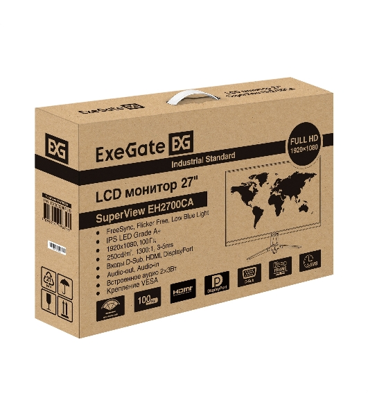 Монитор с аудио 27' 100 Гц ExeGate SuperView EH2700CA (IPS LED Grade A+, FHD, 1920x1080@100Гц, 16:9, 250cd/m2, 1300:1, 178°/178°, 3-5ms, Speakers, D-Sub, HDMI, DisplayPort, audio-out, Flicker-free, FreeSync, Low Blue Light, кабель HDMI 1.5м, VESA, регулировка наклона (tilt), черный)