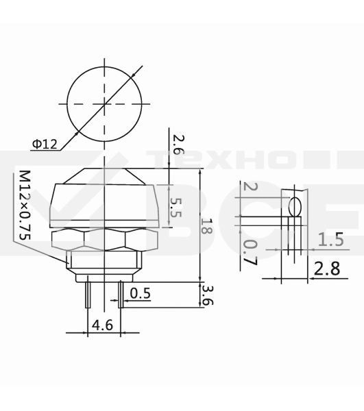 Выключатель-кнопка  250V 1А (2с) OFF-(ON)  Б/Фикс  красная  Micro  Rexant