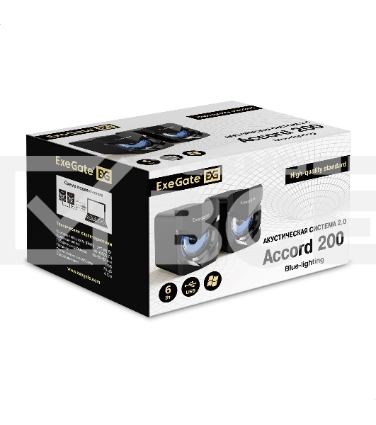 Акустическая система 2.0 ExeGate EX289685RUS Accord 200 (питание USB, 2х3Вт (6Вт RMS), 60-20000Гц,цвет черный, синяя подсветка)