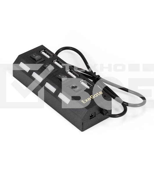 Хаб USB (концентратор) ExeGate EX293977RUS DUB-42SW (кабель-адаптер USB2.0 --> 4xUSB2.0, кнопки включения/отключения для каждого порта, Plug&Play, черный)