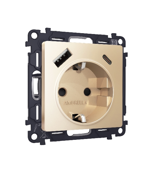 Комплект механизма электрической розетки ALFA Шампань 2USB A+C 20W (быстрая зарядка) с/з QUANT (AP6100, VM160) MA610010
