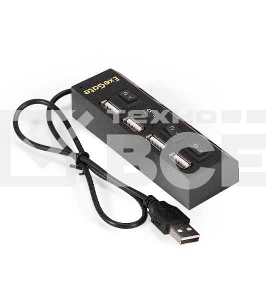 Хаб USB (концентратор) ExeGate EX293977RUS DUB-42SW (кабель-адаптер USB2.0 --> 4xUSB2.0, кнопки включения/отключения для каждого порта, Plug&Play, черный)