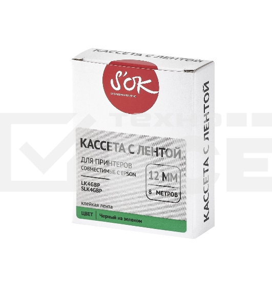 Кассета с лентой S'OK by Sakura Printing K4GbP для Epson, черный на зеленом, 12мм/8м