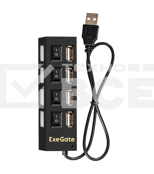 Хаб USB (концентратор) ExeGate EX293977RUS DUB-42SW (кабель-адаптер USB2.0 --> 4xUSB2.0, кнопки включения/отключения для каждого порта, Plug&Play, черный)